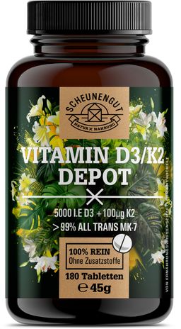 Scheunengut® Vitamin D3 K2 - Hochdosierte Depot Kapseln mit 5000 IE D3 & 100µg K2