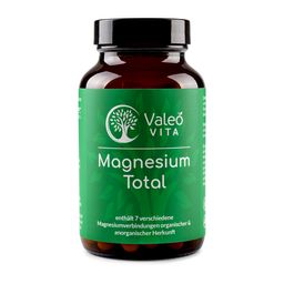 Braune Glasflasche mit grünem Etikett. Aufschrift: Valeo Vita Magnesium Total. Enthält 7 Magnesiumsalze.