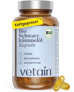 VETAIN Bio Schwarzkümmelöl Kapseln – 1000mg pro Tag - 50% Linolsäure + Thymochinon – kaltgepresst