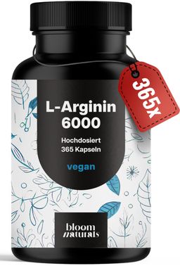L-Arginin Hochdosiert - 365 Kapseln - 6000 mg pflanzliches L Arginin HCl pro Tag - Bloom Naturals®