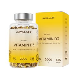 Aavalabs Natürliches Vitamin D3 2000 IE | Vit D3 Hochdosiert | 1-Jahres-Vorrat