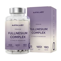 Flasche und Schachtel mit Kapseln. Aufschrift: AAVALABS, FULLNESIUM COMPLEX, 180 Kapseln.