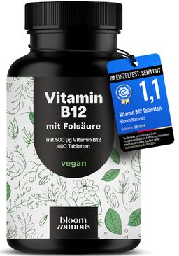 Vitamin B12 Testsieger - 400 Tabletten - 500 µg B12 & 200 µg Folsäure - Bloom Naturals®