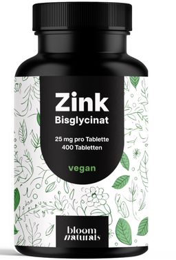 Bloom Naturals Zink Bisglycinat Hochdosiert - 400 Tabletten mit je 25 mg - Langzeitvorrat