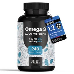 Omega 3 Testsieger - 240 Kapseln - 2000 mg Fischöl mit 660 mg EPA & 440 mg DHA - Bloom Naturals®