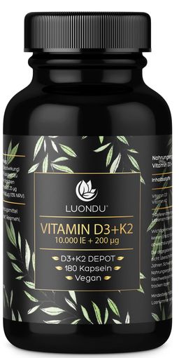 Vitamin D3 K2 Hochdosiert - 180 Kapseln - 10000 IE - Luondu®