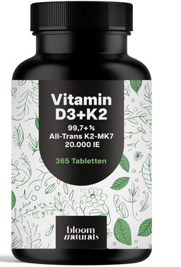 Bloom Naturals Vitamin D3 K2 Tabletten 20000 IE Hochdosiert - 365 Tabletten