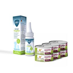 Vermal Set für Katzen Marsavet Vermal Tropfen + I love my cat Nassfutter mit Huhn