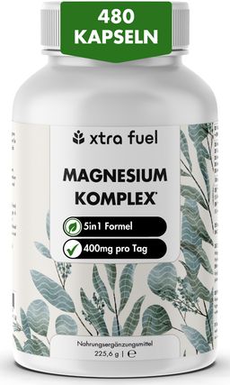 XTRA FUEL Magnesium Komplex 400 mg - 480 Kapseln - Bisglycinat, Citrat & Malat - vegan
