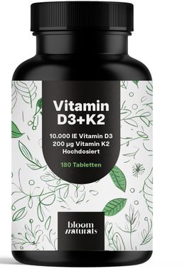 Vitamin D3 + K2 - 180 Tabletten - 10.000 IE D3 & 200 µg All-Trans K2-MK7 - Bloom Naturals®