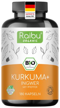 BIO Kurkuma Kapseln + Ingwer + Pfeffer, Hochdosiert, 180 St - RAIBU