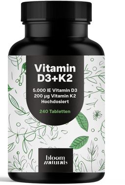 Vitamin D3 K2 - 240 Tabletten - 5000 IE D3 & 200 µg K2 - Bloom Naturals®