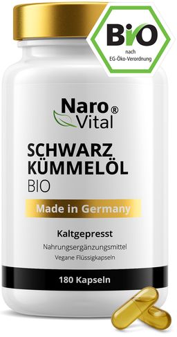 NaroVital Bio Schwarzkümmelöl Hochdosiert - 180 Kapseln 1000 mg kaltgepresst - vegane Flüssigkapseln