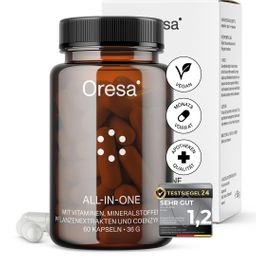 Braune Glasflasche mit Kapseln, daneben eine weiße Packung. Aufschrift: Oresa ALL-IN-ONE. Mit Siegeln.
