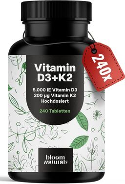 Vitamin D3 K2 - 240 Tabletten - 5000 IE D3 & 200 µg K2 - Bloom Naturals®