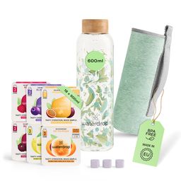 waterdrop® Starter Set Glass – 600ml Glasflasche + 18 Würfel – Vitamine, vegan, zuckerfrei