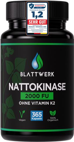 Nattokinase 2000 FU - JAHRESVORRAT - 365 Kapseln je 100mg (20.000 FU/g) - Deutsche Marke - BLATTWERK