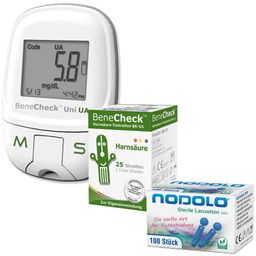 BeneCheck Harnsäure-Messgerät Premium- Kombi Set mit Teststreifen und Lanzetten