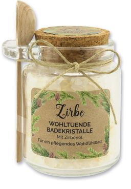 Florex Badesalz Zirbe grob mit Schafmilch im dekorativen Glas mit Holzlöffel