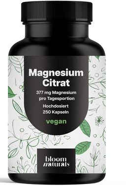 Magnesiumcitrat Hochdosiert - 250 Kapseln - 377 mg pro Tag - 83 Tage Vorrat - Bloom Naturals