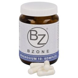 Braune Glasflasche mit weißem Deckel. Etikett mit Logo und Produktbezeichnung: BZONE Magnesium 10-Komplex. Weiße Kapseln liegen daneben.