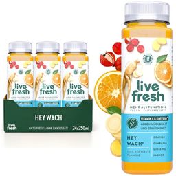 LiveFresh Vitamin C Saft – Hey Wach – Natürlicher Wachmacher mit Vitamin C & Koffein – 6€ Pfand