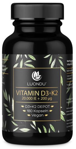Vitamin D3 K2 Hochdosiert - 180 Kapseln - 20.000 IE D3 & 200 µg K2 - Luondu®