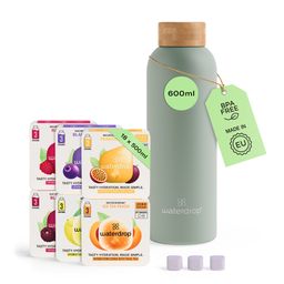 waterdrop® Starter Set Steel – 600ml Thermoflasche + 18 Würfel – Vitamine, vegan, zuckerfrei