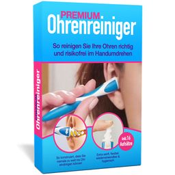 Blau-weiße Verpackung mit Produktabbildung und Text: PREMIUM Ohrenreiniger. Inkl. 16 Aufsätze. Hand zeigt Anwendung.