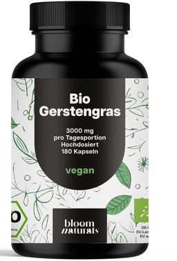 Bloom Naturals Bio Gerstengras Hochdosiert - 180 Kapseln - 3000mg Gerstengras Pulver pro Portion.