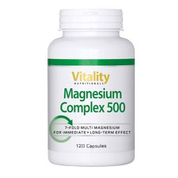 Weiße Flasche mit grünem Streifen. Aufschrift: Vitality Nutritionals, Magnesium Complex 500, 120 Kapseln.