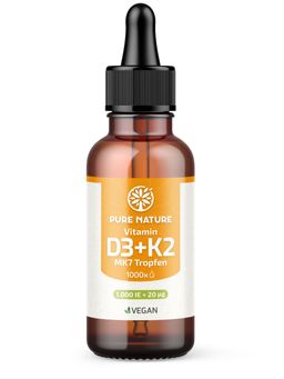 Pure Nature 1000 IE Vitamin D3 K2 Tropfen, Bio-Kokus-MCT C8 Öl >99,8% All Trans