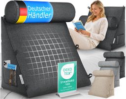 ELONEO Rückenkissen mit Nackenrolle für Bett & Sofa 55x50x30cm, waschbarer Bezug