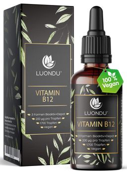 Luondu Vitamin B12 Tropfen Hochdosiert - 50 ml - 200 µg pro Tropfen - Vegan - Langzeitvorrat