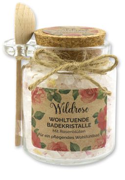 Florex Badesalz Wildrose grob mit Schafmilch im dekorativen Glas mit Holzlöffel