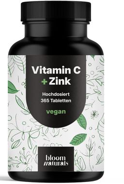 Bloom Naturals Vitamin C Zink Hochdosiert - 365 Tabletten - 12 Monate Vorrat