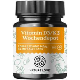 NATURE LOVE® Vitamin D3 K2 Wochendepot – 180 Stück – 7000IE D3 + 140µg K2/Tablette >99,7% all-trans