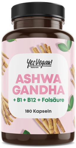 Ashwagandha Kapseln (180 Stück) hochdosiert mit Ashwagandha hochdosiert, Vitamin B12 B1 B6