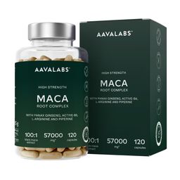 Aavalabs Maca Kapseln mit Ginseng - Hochdosiert 100:1 Schwarze & 10:1 Gelbe Maca - 120 Kapseln