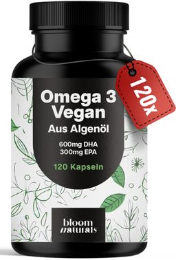 Omega 3 Vegan Algenöl - 120 Kapseln - 600 mg DHA & 300 mg EPA pro Tag - Bloom Naturals®