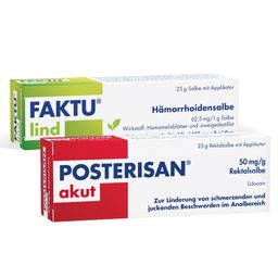 Posterisan akut Hämorrhoidensalbe (Lidocain) bei starkem Juckreiz, Schmerzen im Analbereich, 25 g Salbe + FAKTU Lind Hämorrhoidensalbe - bei Jucken, Nässen, Brennen, Entzündungen, kleinen Blutungen, 25 g (mit Applikator)