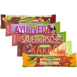 RAPUNZEL Bio Fruchtschnitte, Mango-Baobab + RAPUNZEL Bio Fruchtschnitte, Cranberry-Cashew + RAPUNZEL Sauerkirsche Fruchtschnitte + RAPUNZEL Ayurveda Fruchtschnitte + RAPUNZEL Bio Fruchtschnitte, Kakao-Orange