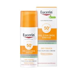 Eucerin® Oil Control Tinted Face Sun Gel-Creme mit LSF 50+ – getönter Sonnenschutz für fettige und unreine Haut – Hell + Eucerin After Sun 50ml GRATIS