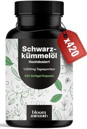 Schwarzkümmelöl - 420 Softgel Kapseln - 1000 mg Öl mit 500 mg Linolsäure - Bloom Naturals®