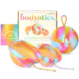 Bodyotics Menstruationsscheibe wiederverwendbar in S und L mit Rückholband, bis 12 h, Regenbogen