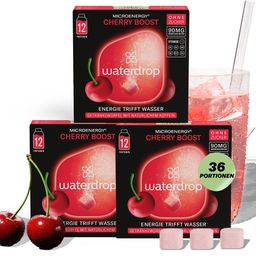 waterdrop® Cherry Boost – 36 Würfel mit 90mg natürlichem Koffein - 3er Pack KIRSCHE – zuckerfrei