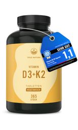Vitamin D3 K2 Testsieger hochdosiert - 2500 IE Vitamin D3 - 365 Tabletten (1 Jahr) - TRUE NATURE®