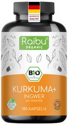 BIO Kurkuma Kapseln + Ingwer + Pfeffer, Hochdosiert, 180 St - RAIBU