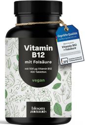 Vitamin B12 Hochdosiert - 400 Tabletten - 500µg Vitamin B12 und 200µg Folsäure - Bloom Naturals