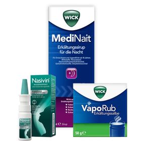WICK VapoRub Erkältungssalbe + WICK MediNait Erkältungssirup für die Nacht + Nasivin® Nasenspray für Erwachsene und Schulkinder